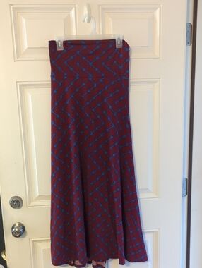 LuLaRoe Red Maxi Skirt with Blue Geometric Print